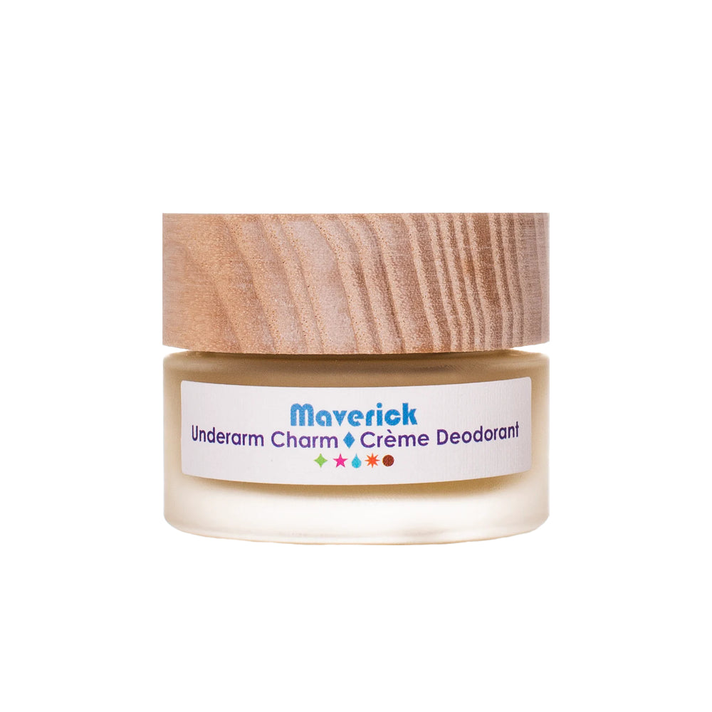Living Libations Maverick Underarm Charm Crème Deodorant with sandalwood, vetiver, frankincense, kaolin clay, and cacao butter in natural cream form. 30ml