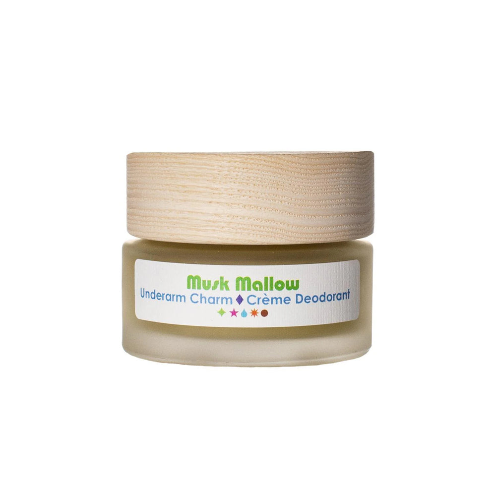Living Libations Underarm Charm Crème Deodorant Maverick with Musk Mallow, Sandalwood, and Balsam Amyris, offering a sensual, natural scent for underarms. 30ml