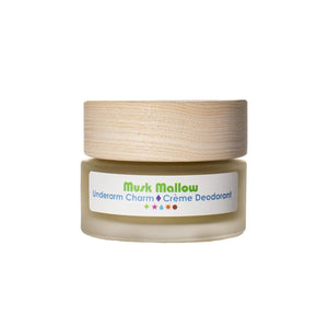 Living Libations Underarm Charm Crème Deodorant Maverick with Musk Mallow, Sandalwood, and Balsam Amyris, offering a sensual, natural scent for underarms. 30ml