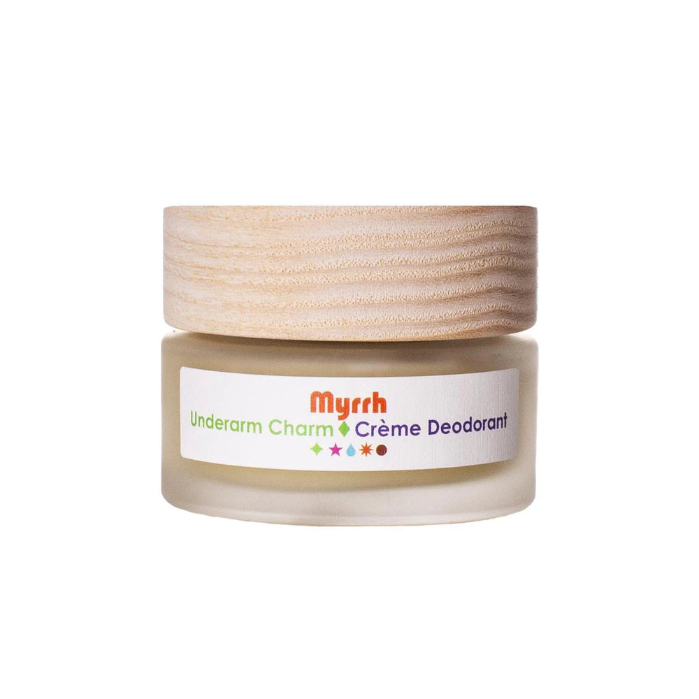 Living Libations Myrrh Underarm Charm Crème Deodorant with myrrh, kaolin clay, baking soda, cacao butter, and jojoba in natural cream form. 30ml
