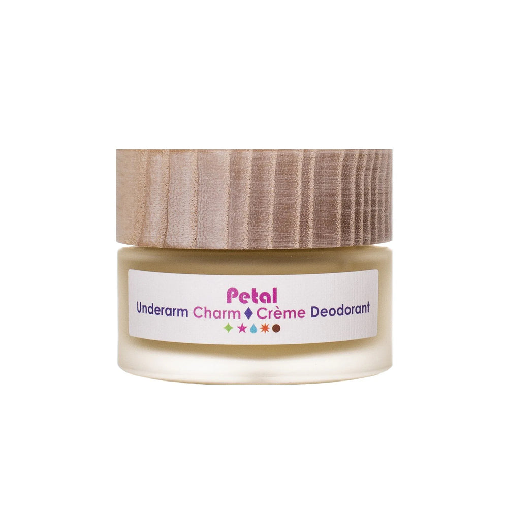 Living Libations Petal Underarm Charm Crème Deodorant with ylang, lavender, chamomile, baking soda, and jojoba in natural cream formula. 30ml