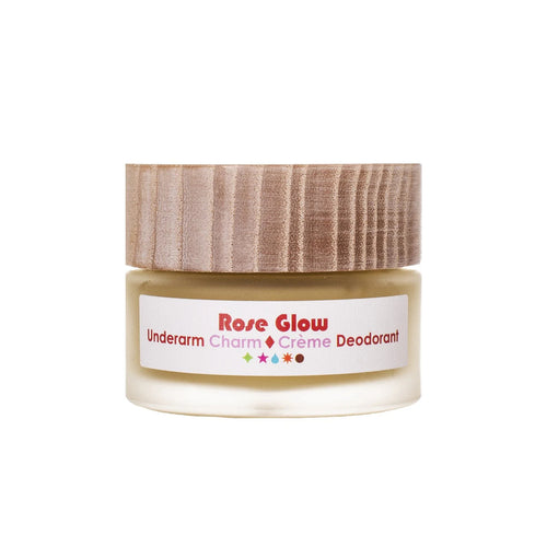 Living Libations Rose Glow Underarm Charm Crème Deodorant with rose otto, sandalwood, lavender, and cacao butter in creamy natural formula. 30ml