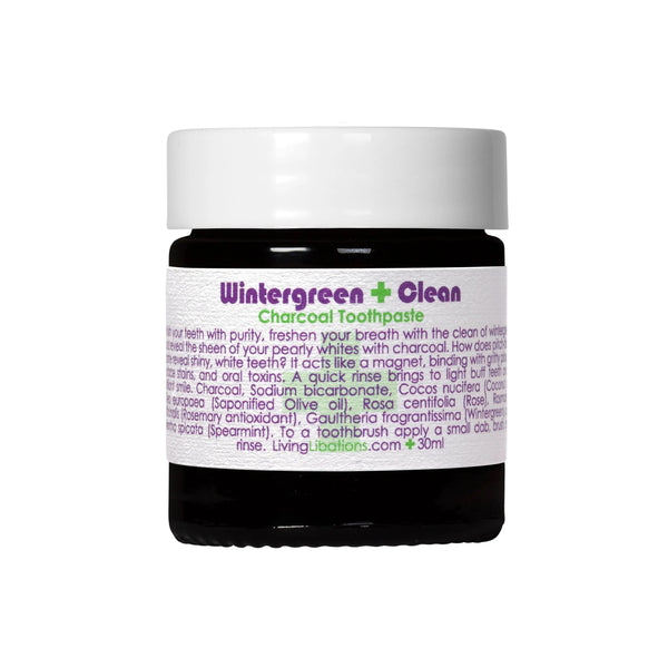 Living Libations Wintergreen Clean Charcoal Toothpaste, a natural toothpaste with wintergreen and charcoal, promoting a fresh, bright smile. 30ml