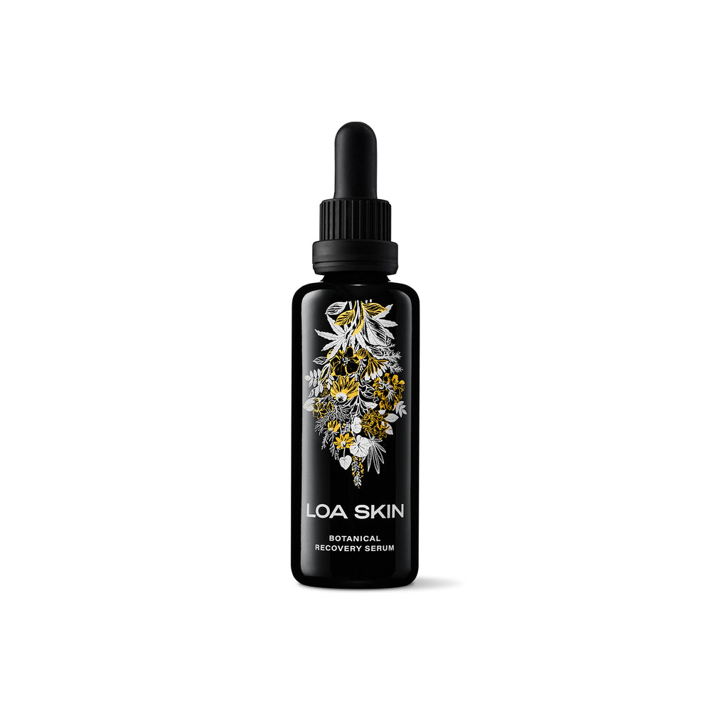 Loa Skin botanical recovery serum moisturizer hybrid in glass black bottle, botanical facial oil-serum designed to hydrate and support skin comfort.