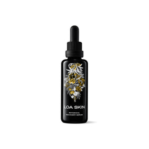 Loa Skin botanical recovery serum moisturizer hybrid in glass black bottle, botanical facial oil-serum designed to hydrate and support skin comfort.