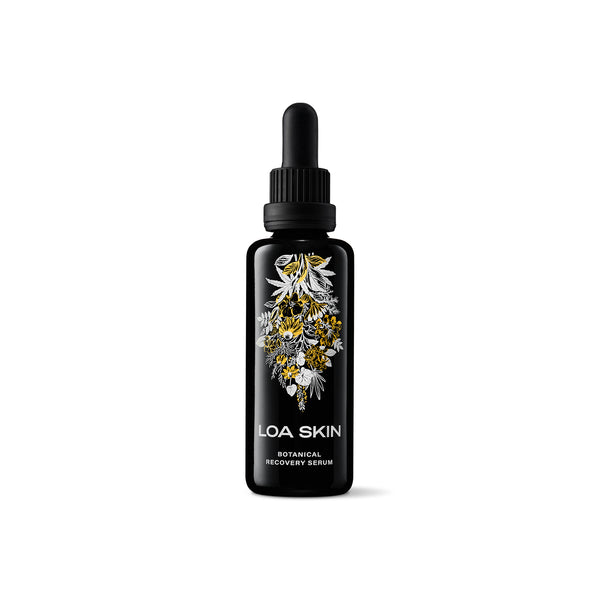 Loa Skin botanical recovery serum moisturizer hybrid in glass black bottle, botanical facial oil-serum designed to hydrate and support skin comfort.