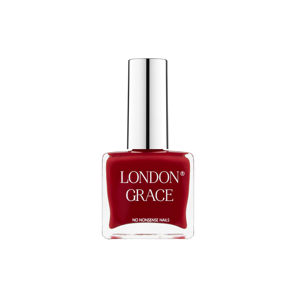 London Grace Charlie Nail Polish, a sophisticated red shade that offers rich pigment and long-lasting salon-quality finish, vegan and cruelty-free.