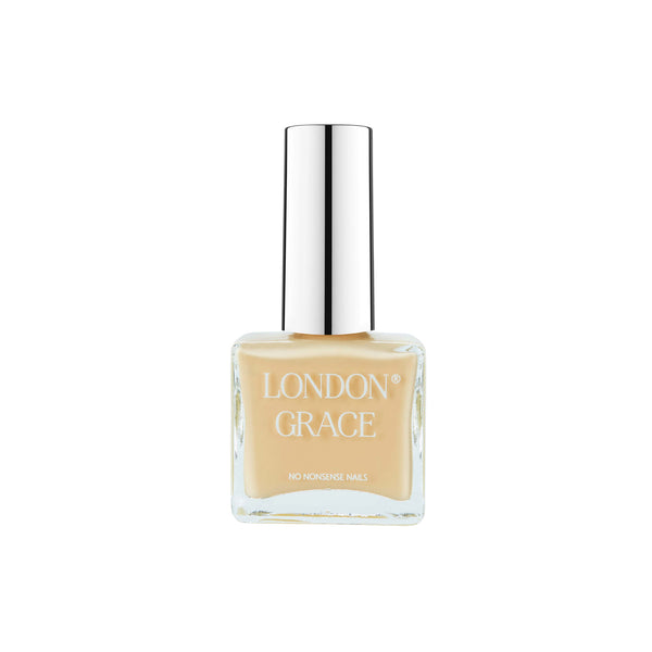 London Grace Daisy Nail Polish in a creamy butter yellow shade, ideal for stylish manicures, housed in an eco-friendly, recyclable bottle.