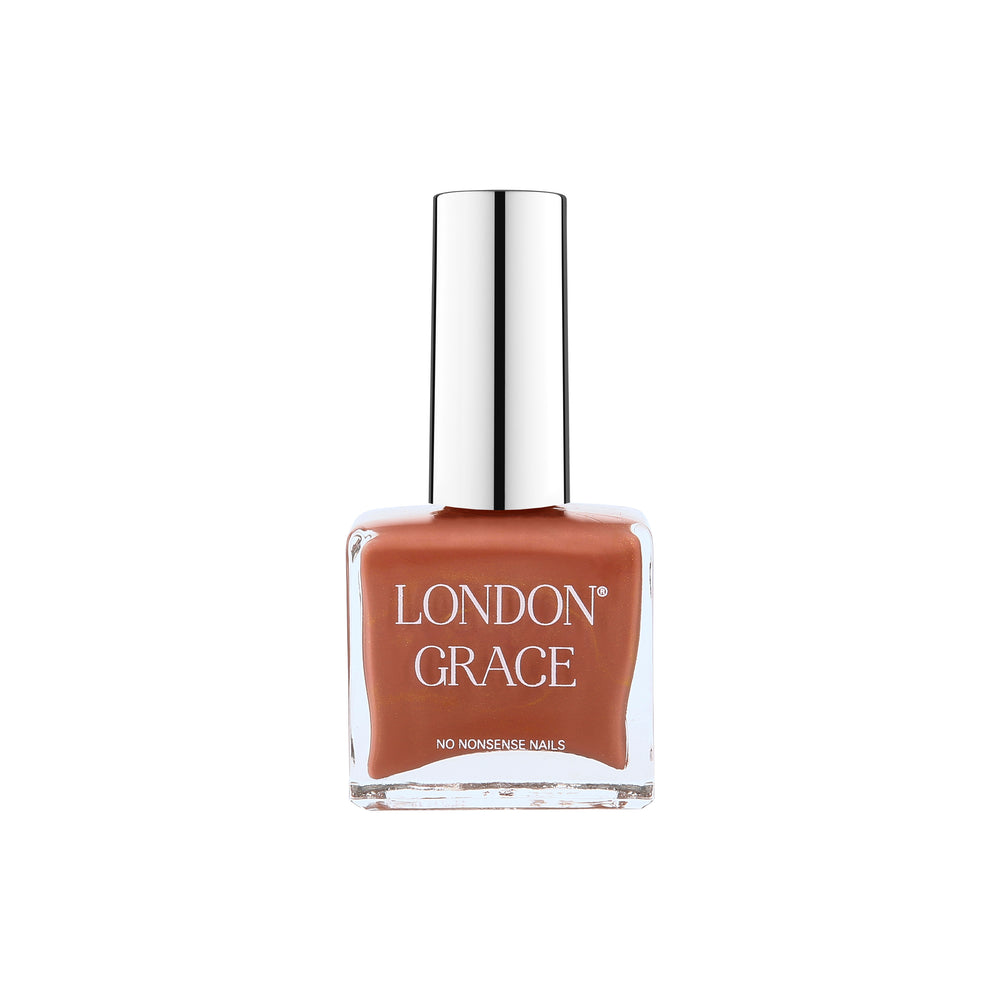 London Grace Moz Nail Polish – warm taupe shade with subtle shimmer. Vegan, cruelty-free, and glossy finish.