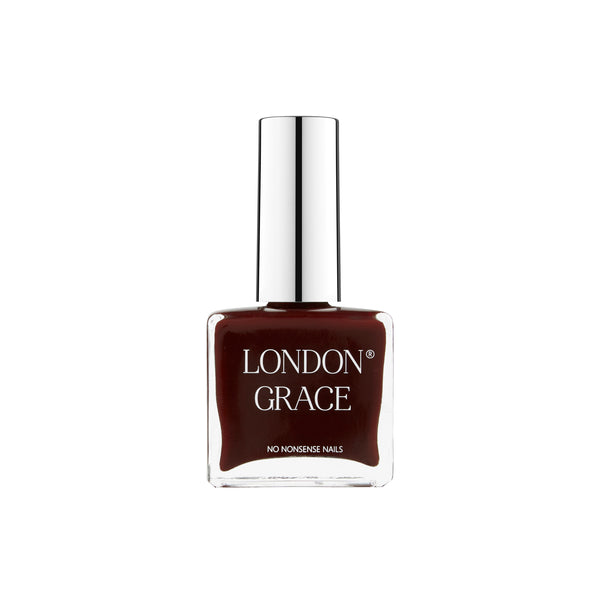 London Grace Nancy Nail Polish – deep burgundy shade. Vegan, cruelty-free, and glossy long-lasting finish.