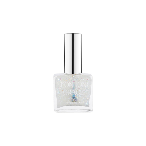 London Grace Pearl Top Coat – adds iridescent glitter and locks in colour. Vegan, cruelty-free, long-lasting shine.