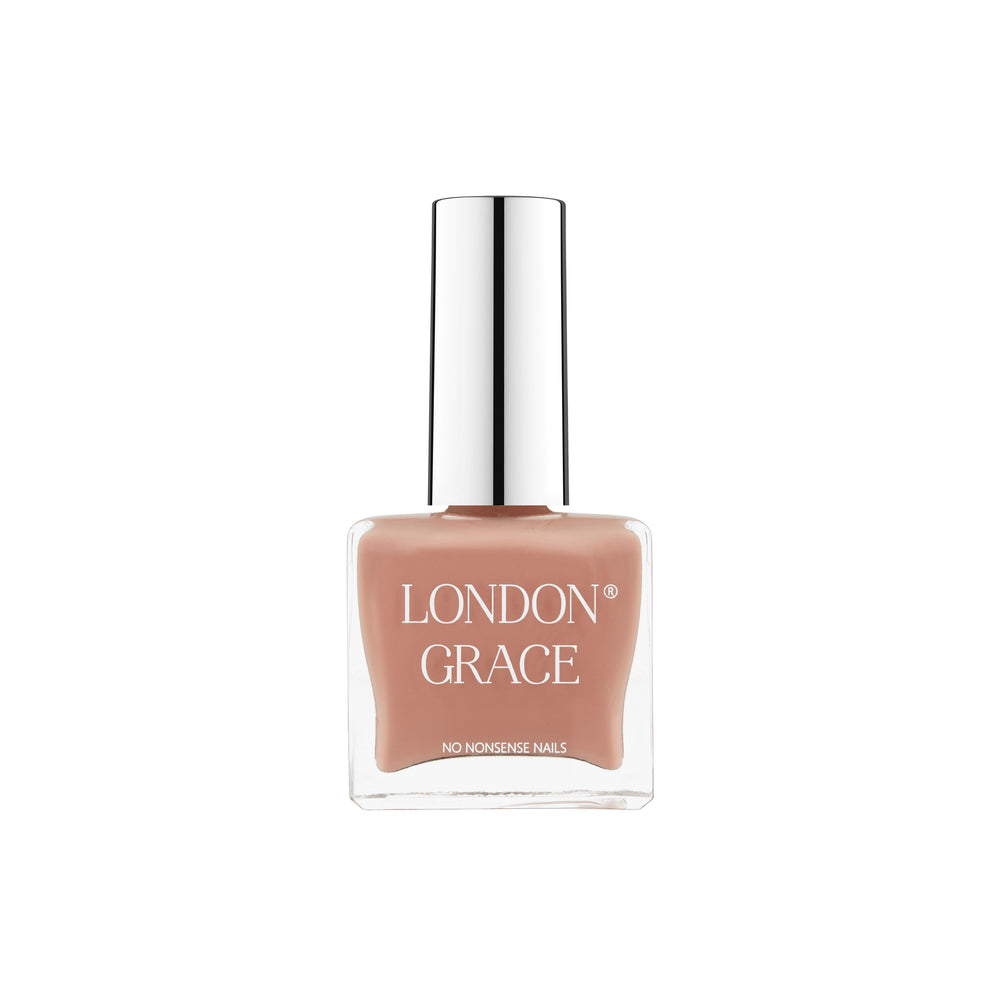 London Grace Primrose Nail Polish – warm nude shade. Vegan, cruelty-free, glossy, and long-lasting.
