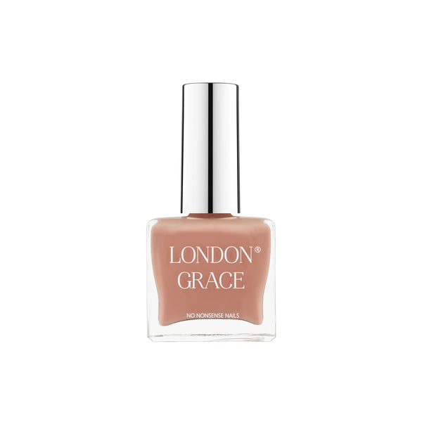 London Grace Primrose Nail Polish – warm nude shade. Vegan, cruelty-free, glossy, and long-lasting.