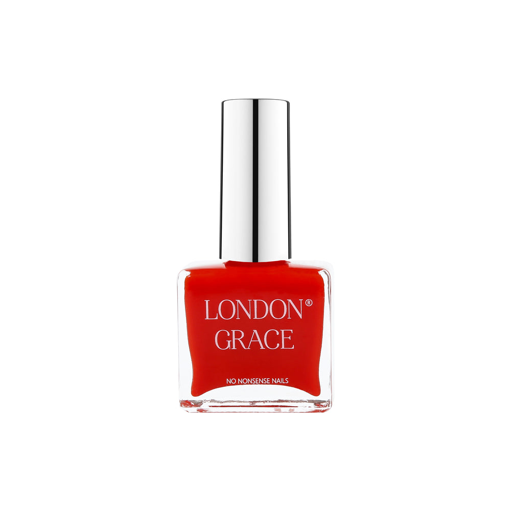 London Grace Valentine Nail Polish – vibrant orange-red shade, vegan and cruelty-free with a glossy, long-wearing finish.