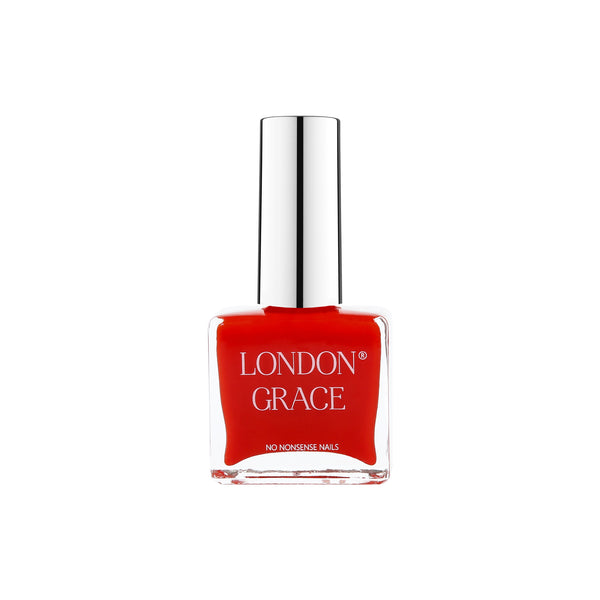 London Grace Valentine Nail Polish – vibrant orange-red shade, vegan and cruelty-free with a glossy, long-wearing finish.
