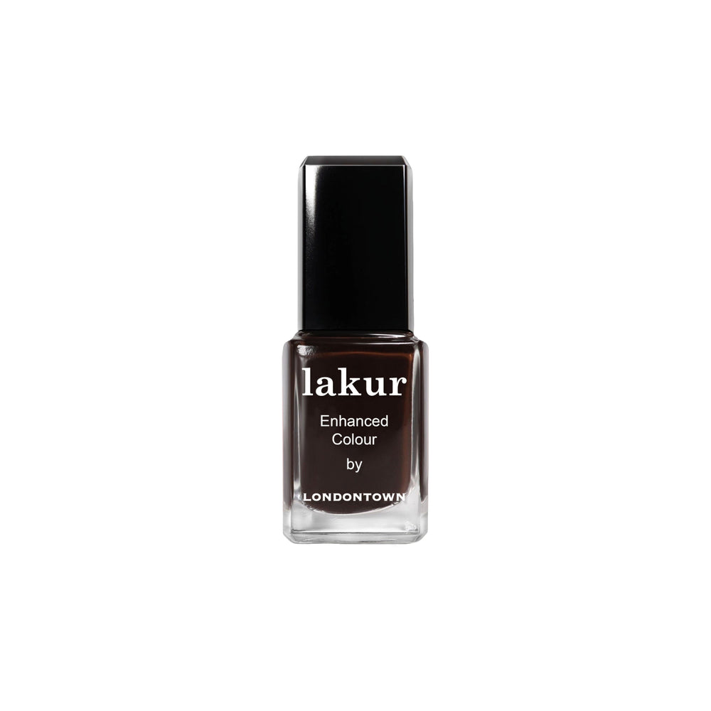 Londontown nail polish bottle with black cap in dark brown color on a white background