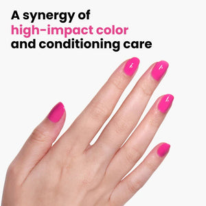 Hand with pink nails on a white background with text about high-impact color and conditioning care.