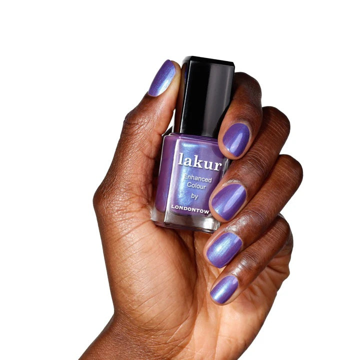 LONDONTOWN Wildberry Freeze nail polish in a purple shade with blue shimmer finish on white background