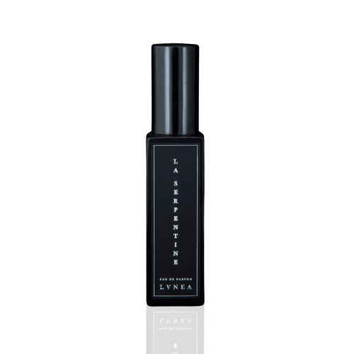 LVNEA La Serpentine Eau de Parfum – Black and clear glass bottles with atomizer spray tops, highlighting a rich chypre fragrance blend of peach, patchouli, and sandalwood in a 30ml or 8ml size. 30ml