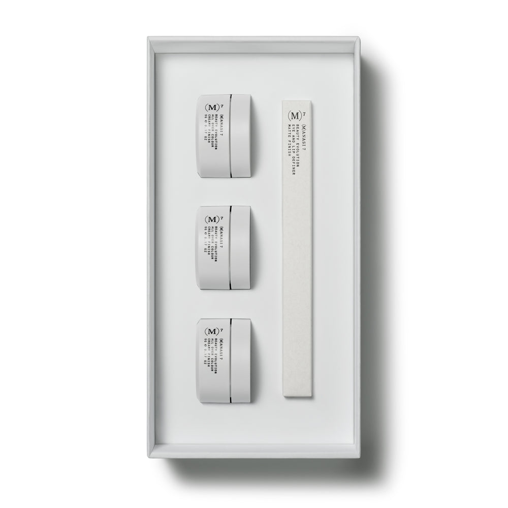 MANASI 7 The Neutral Edit Limited Edition Box featuring three All Over Colours and the Eye & Lip Definer Criollo – an organic, multiuse makeup set for creating soft, natural, and radiant looks.