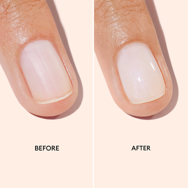 Before and after comparison of a manicured nail with 'Before' and 'After' labels.