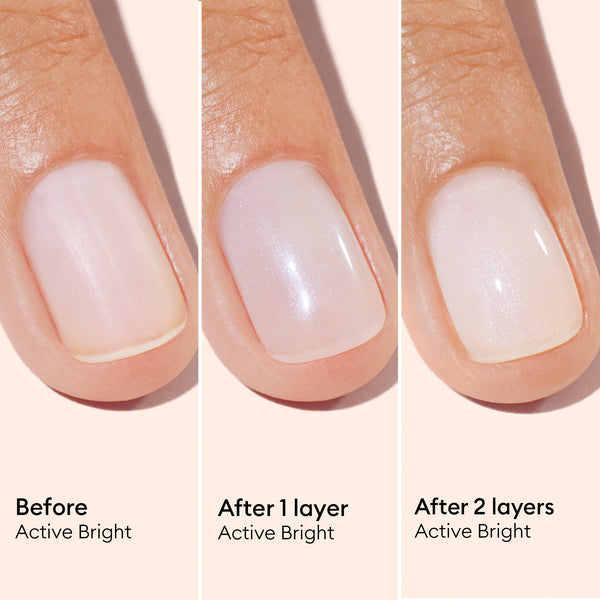 Before and after comparison of a nail polish application on a hand.