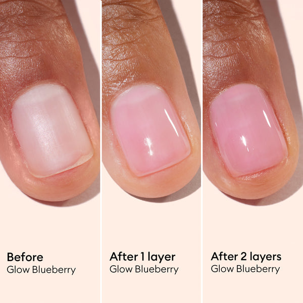 Before and after comparison of a nail polish application on a hand with 'Glow Blueberry' color.