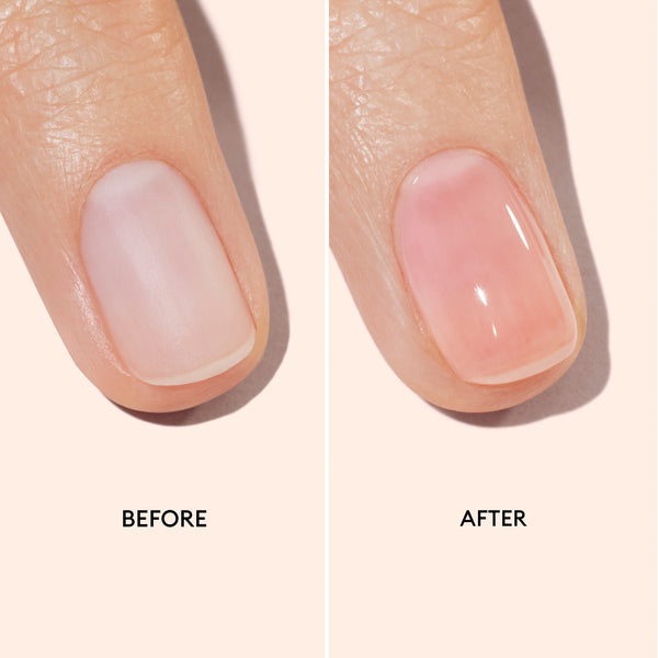 Comparison of a nail before and after application on a plain background