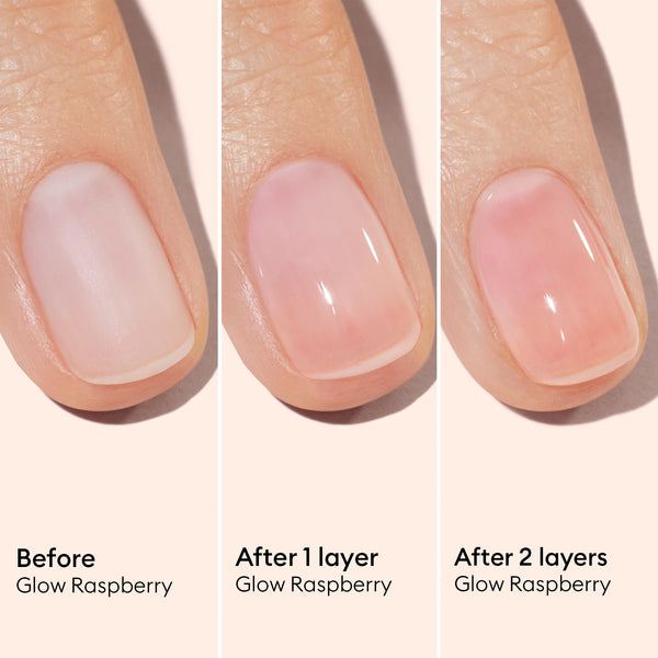 Nail polish color comparison before and after application on a person's fingernail.