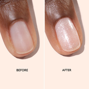 Before and after comparison of a nail with a glittery polish on a beige background