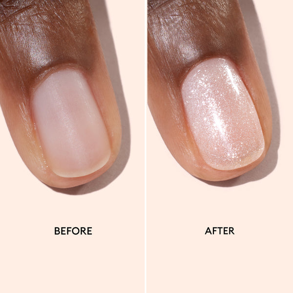 Before and after comparison of a nail with a glittery polish on a beige background