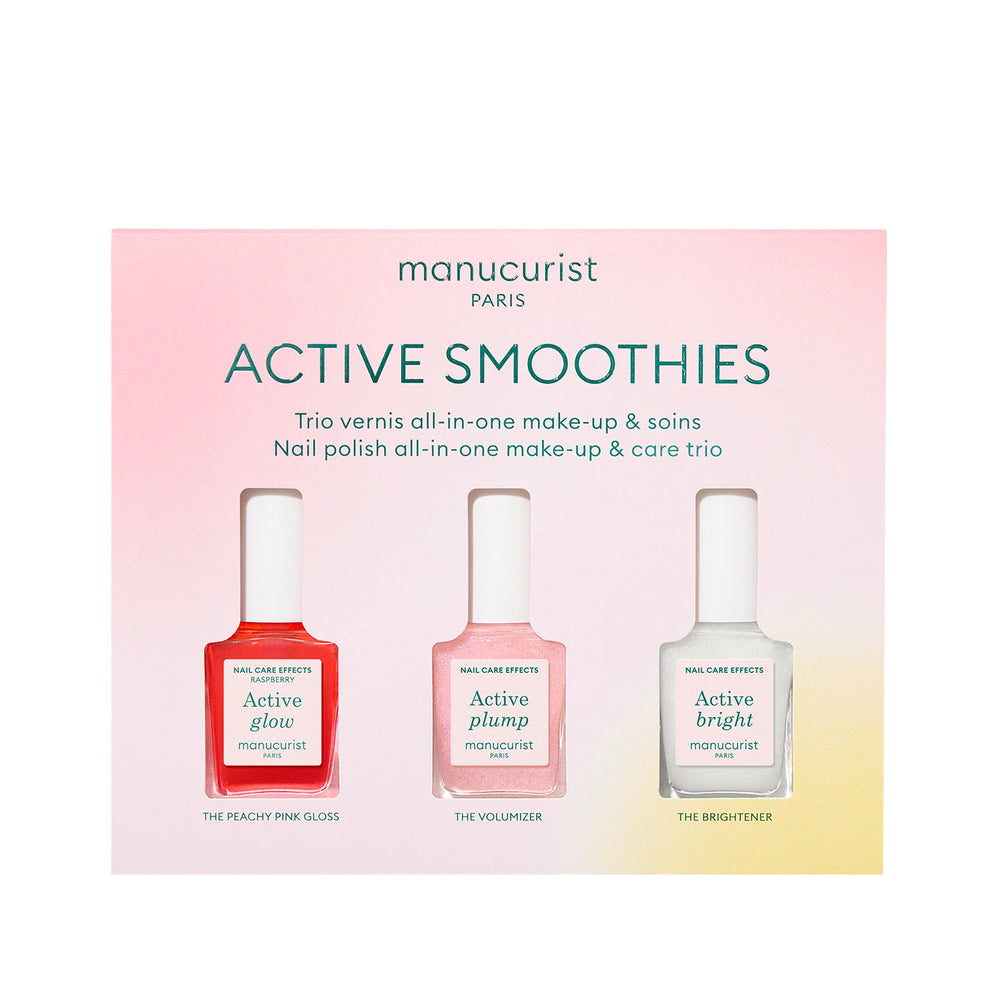 MANUCURIST Active Smoothies Trio mini nail care set featuring three 8ml bottles — Active Glow Raspberry, Active Plump, and Active Bright — designed for healthy, shiny nails in a travel-friendly format.