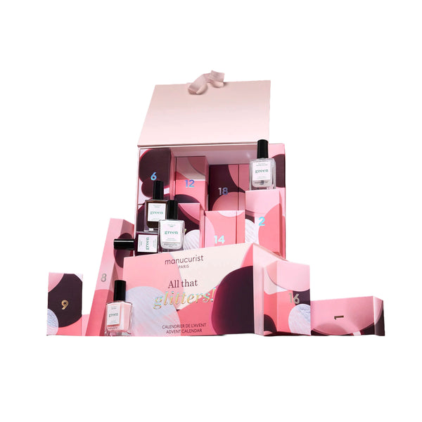 Manucurist All That Glitters Advent Calendar with 24 full-sized nail products including Green™ nail polishes, nail care, accessories, and a limited-edition Glitter Top Coat displayed in a festive holiday design.