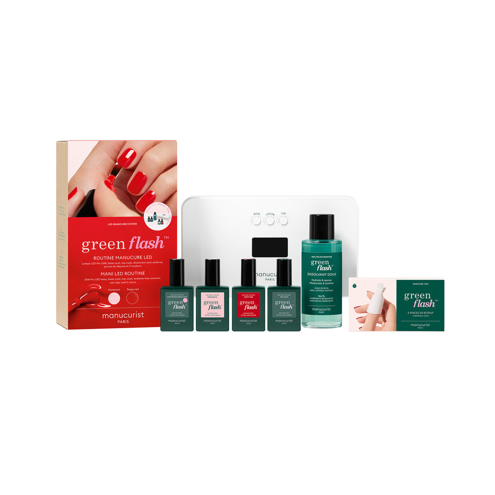 Complete MANUCURIST Green Flash Retail Kit with 36W LED lamp, Poppy Red and Hortencia gel polishes, base and top coat, remover, and clips