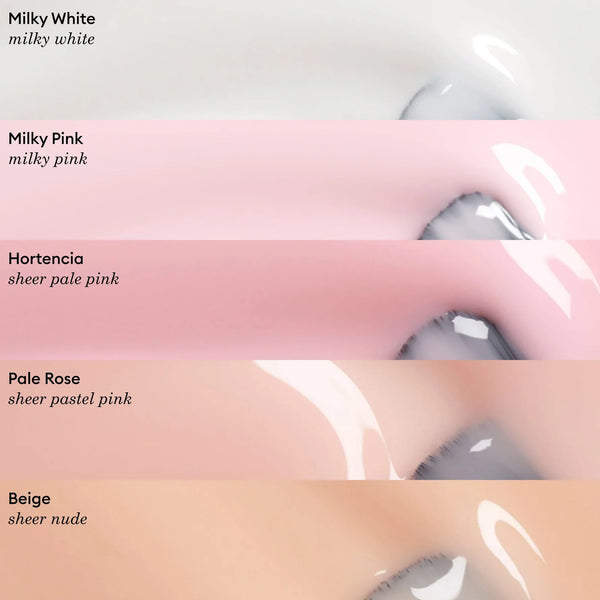 Color swatches of Milky White, Milky Pink, Hortencia, Pale Rose, and Beige on a white background.