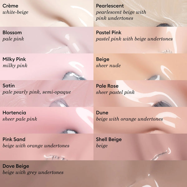 Color swatches with names and descriptions of various pink and beige shades.
