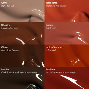 Color swatches with names and descriptions of various brown and red tones from Manucurist.