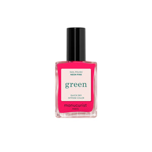 Bottle of MANUCURIST Green™ Neon Pink nail polish, a vibrant electric pink with orange undertones and a semi-matte finish.