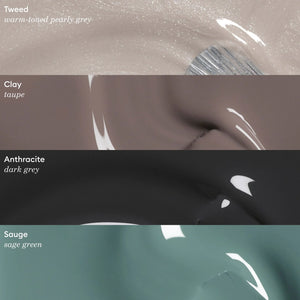 Color swatches labeled 'Tweed', 'Clay', 'Anthracite', and 'Sauge' with corresponding descriptions.
