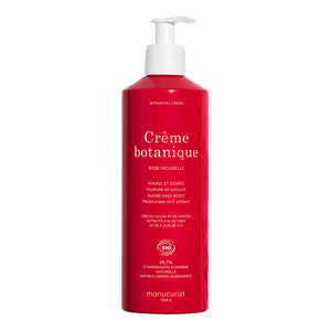 A red pump bottle of manucurist Crème botanique (Rose Nouvelle) hand and body cream, shown on a solid white background. 500ml