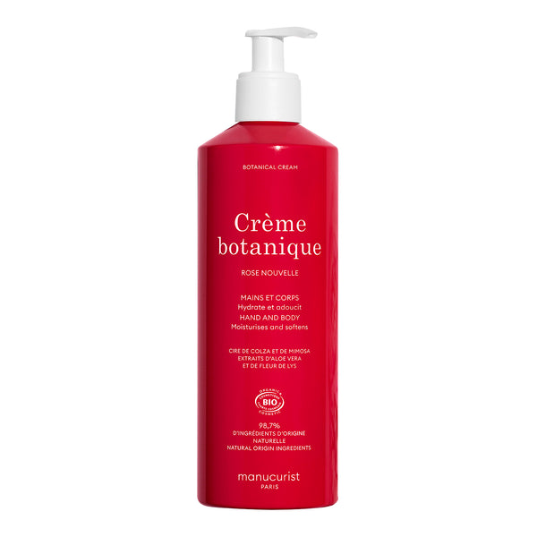 A red pump bottle of manucurist Crème botanique (Rose Nouvelle) hand and body cream, shown on a solid white background. 500ml