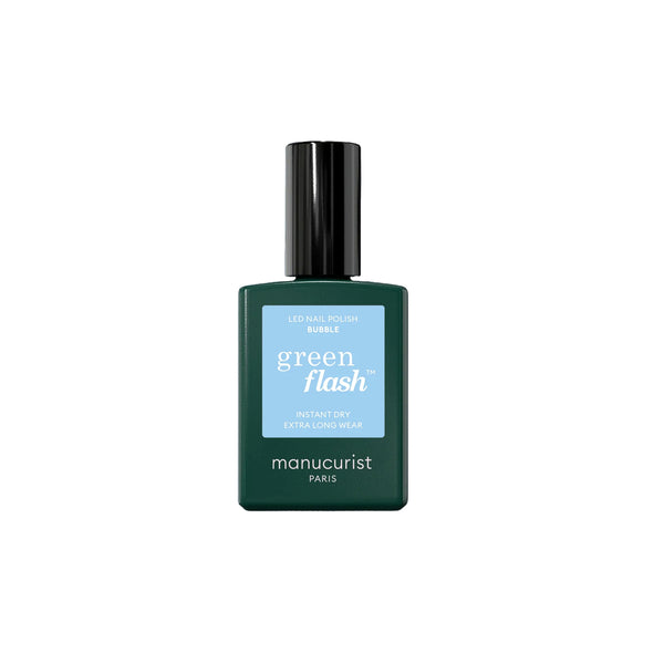Manucurist Green Flash™ Bubble—a soft, cool light blue LED gel polish with grey undertones in a sleek 15ml bottle.