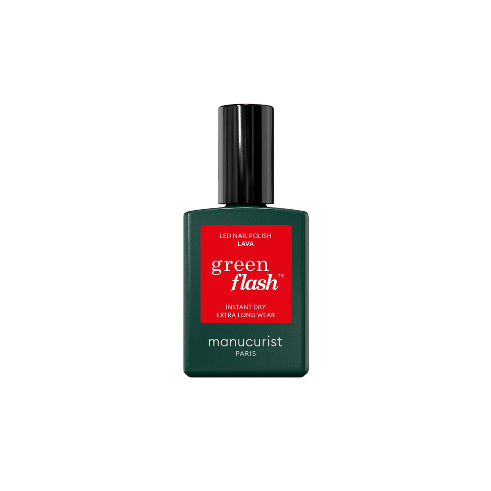MANUCURIST Green Flash Lava semi-permanent gel polish bottle with a vibrant fiery red color, perfect for LED curing and long-lasting shine.