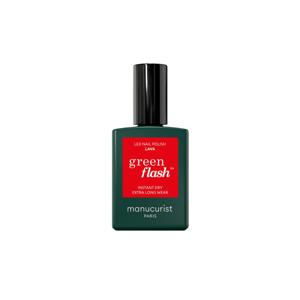 MANUCURIST Green Flash Lava semi-permanent gel polish bottle with a vibrant fiery red color, perfect for LED curing and long-lasting shine.