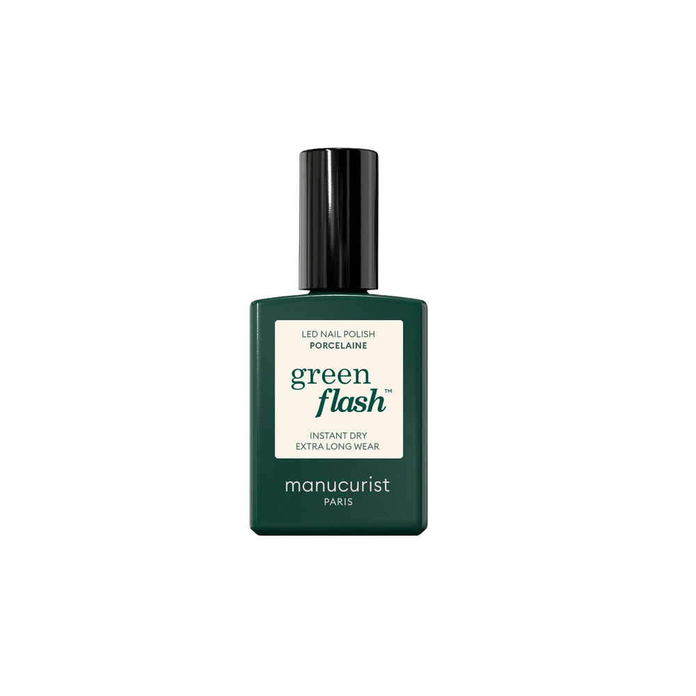 Bottle of MANUCURIST Green Flash™ Porcelaine, a creamy off-white semi-permanent gel polish with extreme shine and up to 10 days wear.