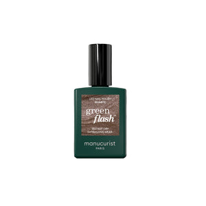 Bottle of MANUCURIST Green Flash™ Quartz semi-permanent nail polish in a glittery chestnut brown shade with taupe undertones and silver sparkle.