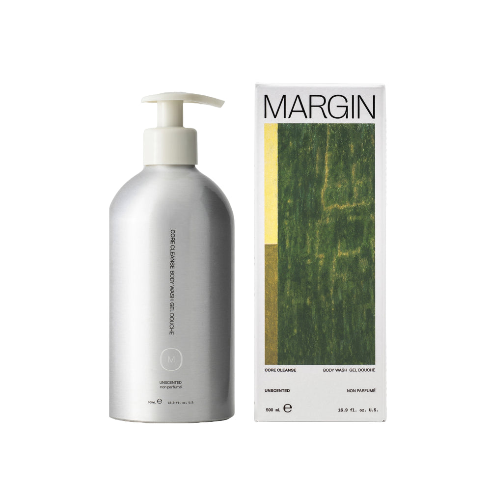 MARGIN Core Cleanse Body Wash – Unscented, ultra-hydrating body cleanser with glycerin, niacinamide, and gluconolactone, fragrance-free, 500 mL.
