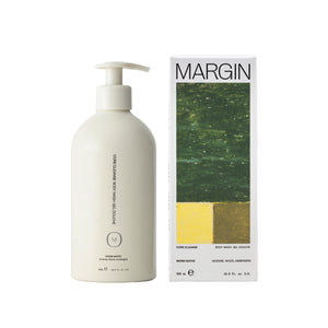 MARGIN Core Cleanse Body Wash – Warm Water, 500 mL bottle. Hydrating body cleanser with glycerin, niacinamide, and gluconolactone, lightly scented with incense, wood, and ambergris.