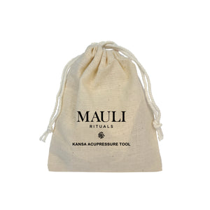 Beige drawstring bag with 'MAULI RITUALS Kansa Acupressure Tool' branding on a white background