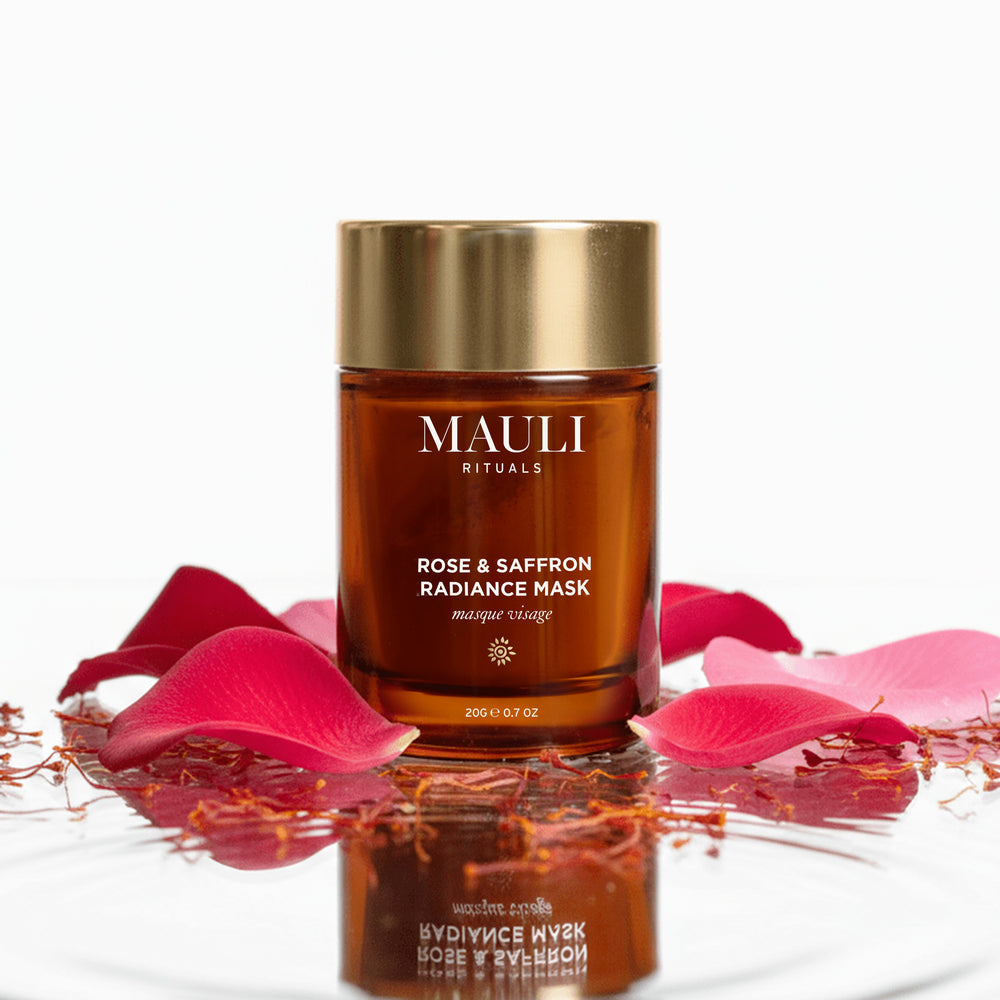 MAULI Rituals Rose & Saffron Radiance Mask jar with gold lid on a white background
